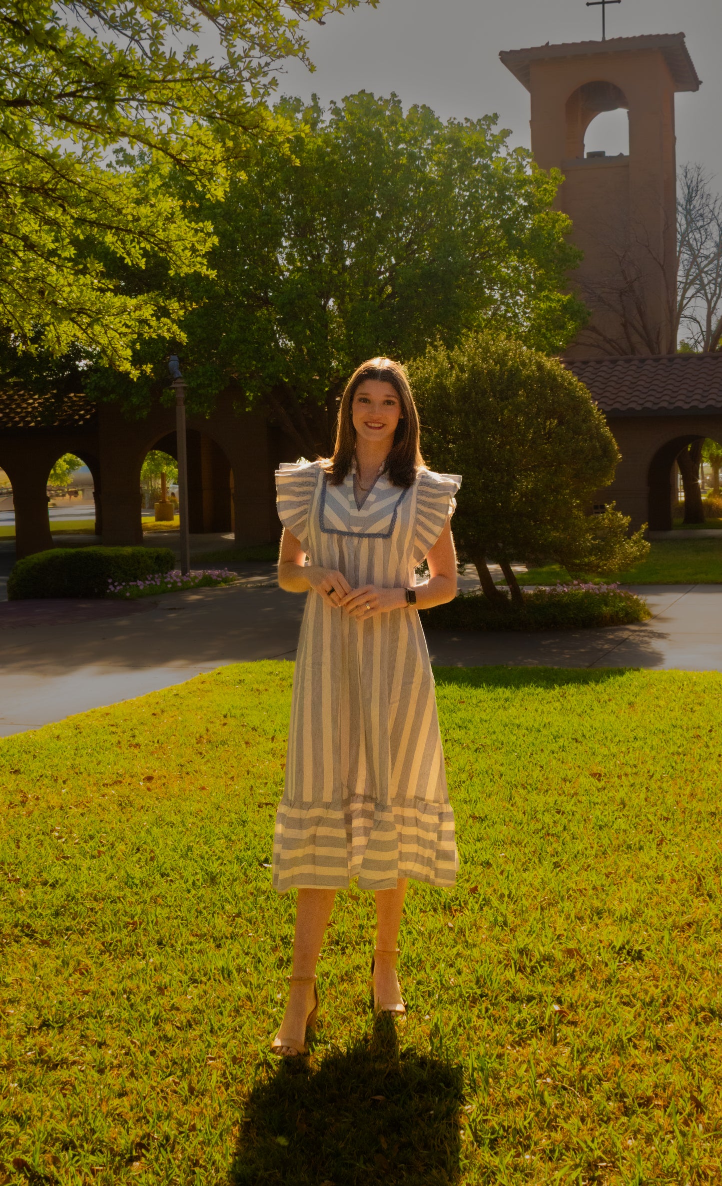 Stripe Ruffle Sleeve Tiered Midi Dress