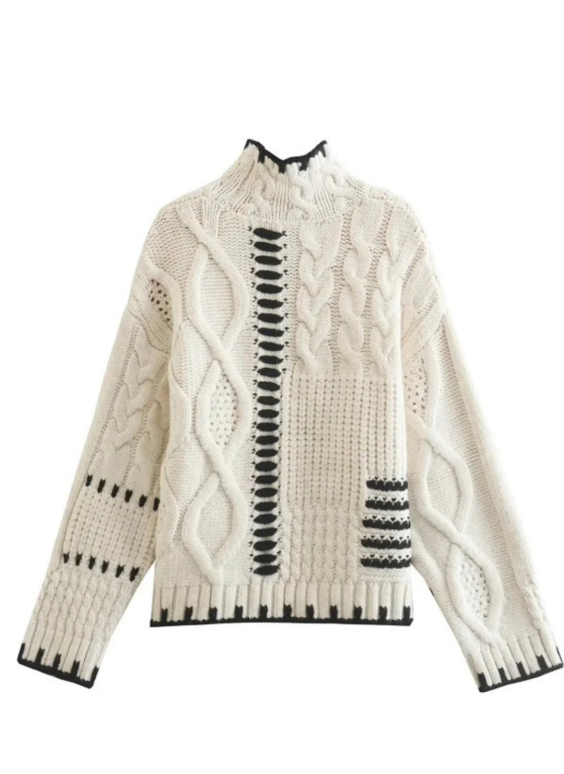 Hand Stitched Sweater Top in Cream Black
