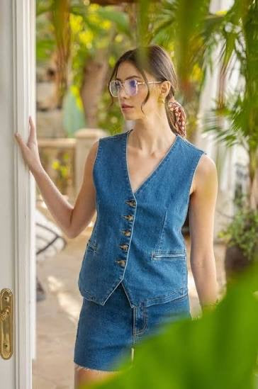 Dark Washed Button Down Vest