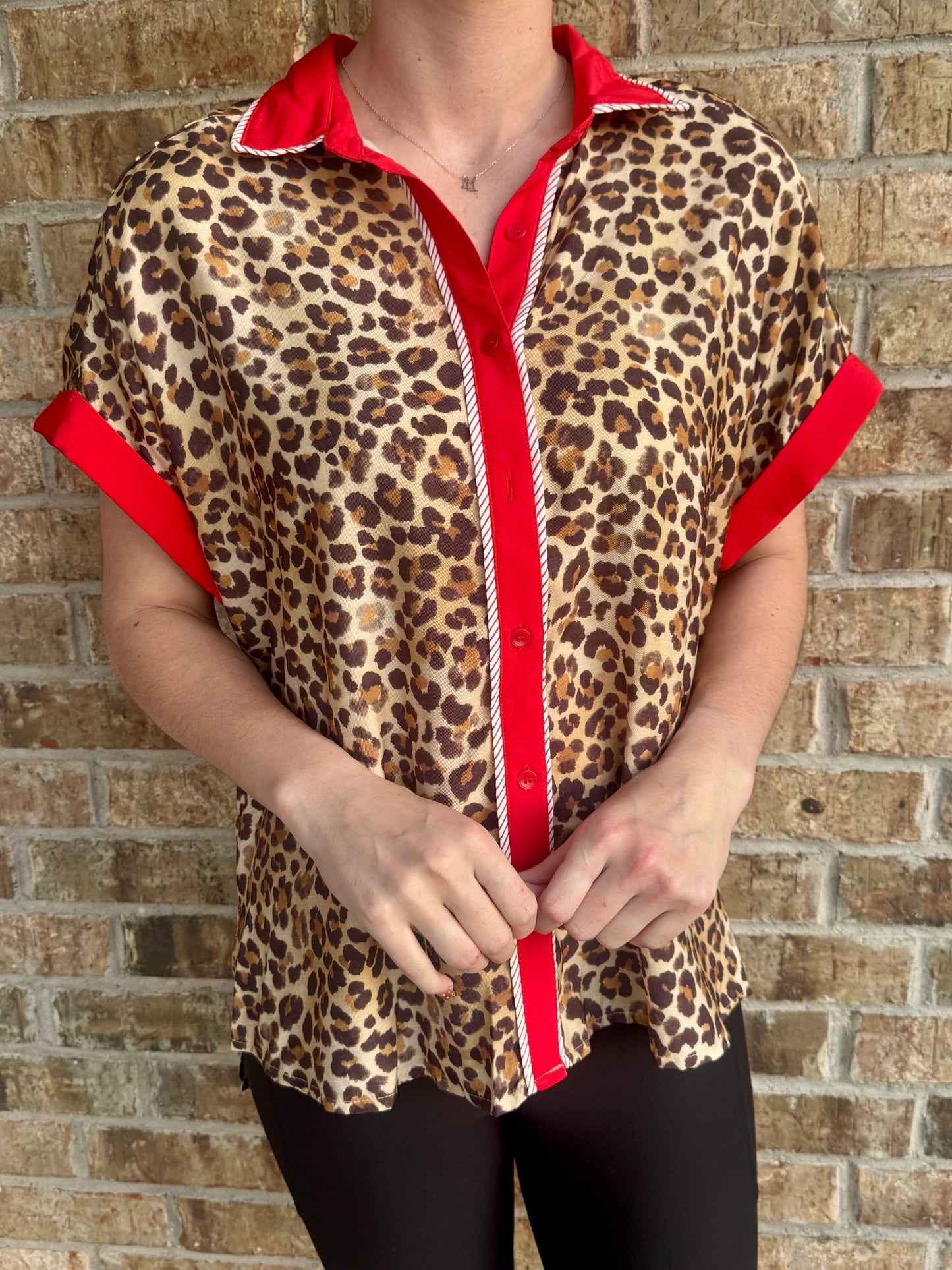 Leopard Pinstripe Button Up Top