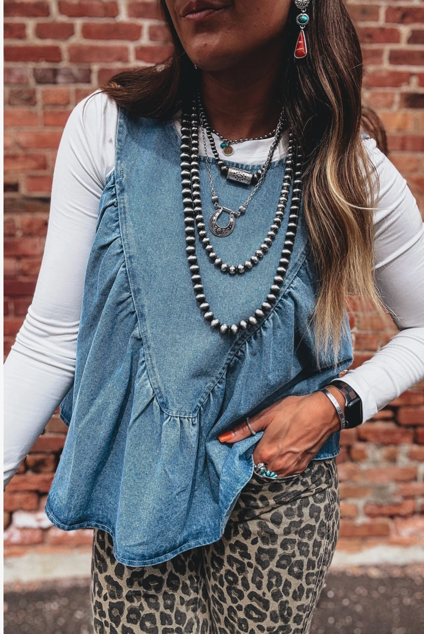 Western Denim Pleated Patchwork Sleeveless Top