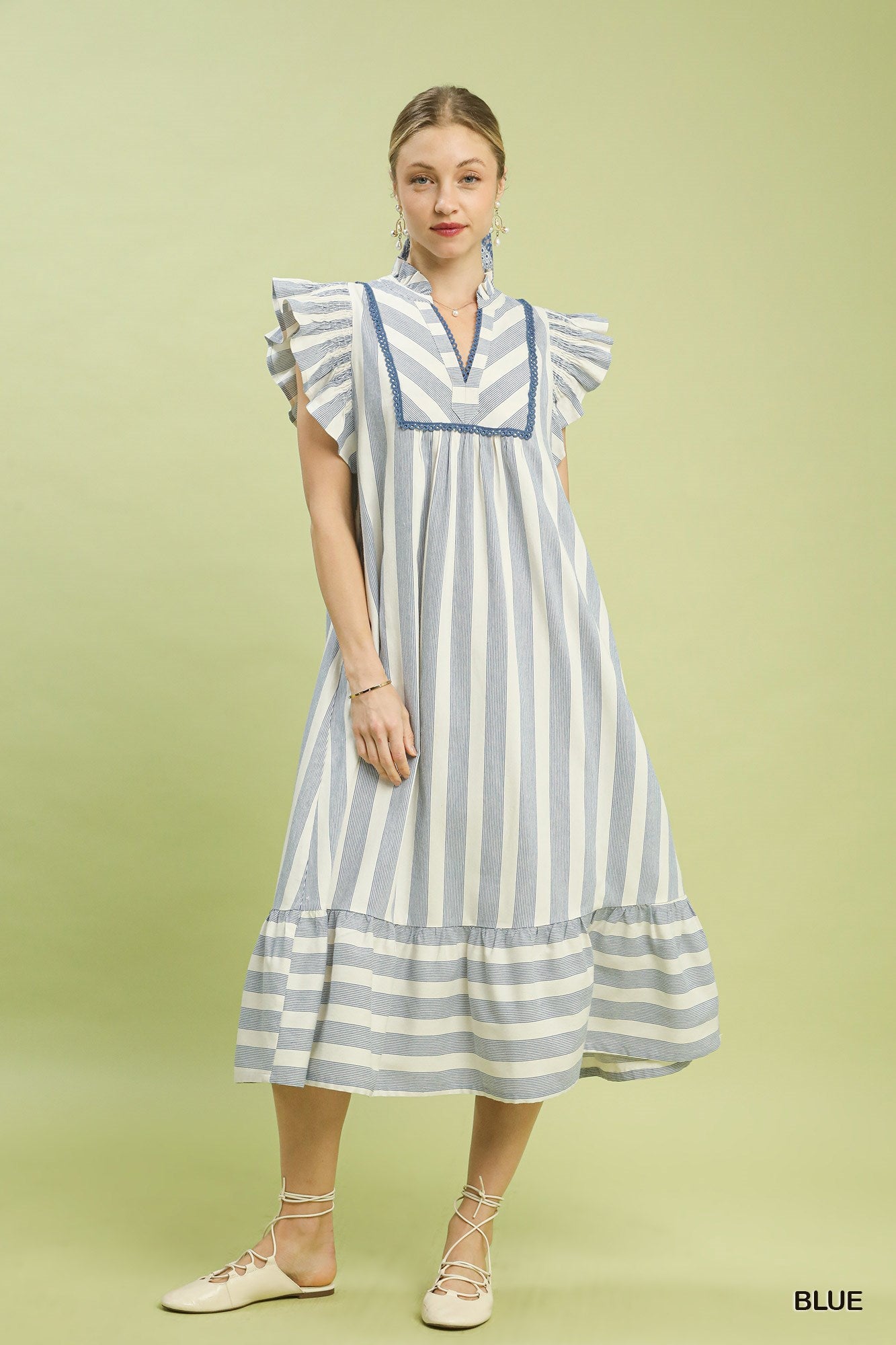 Stripe Ruffle Sleeve Tiered Midi Dress