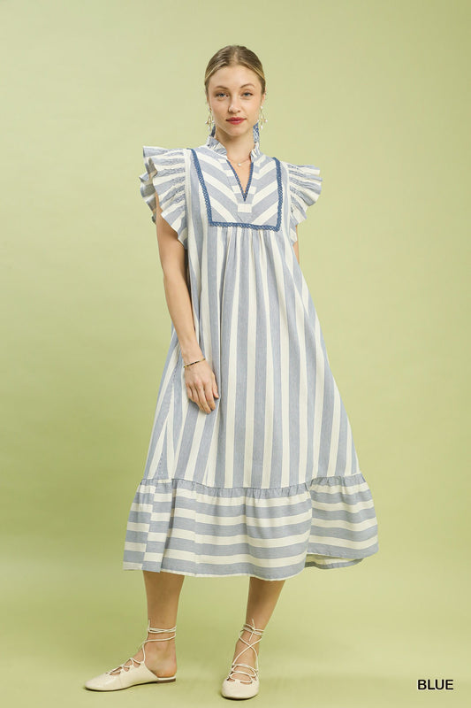 Stripe Ruffle Sleeve Tiered Midi Dress
