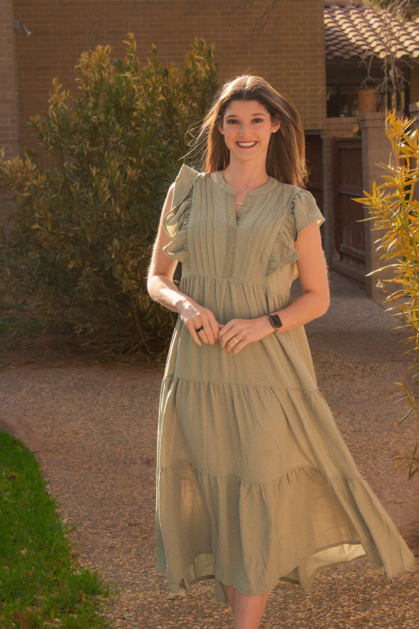 Ruffle Sleeve Pintuck Tiered Midi Dress