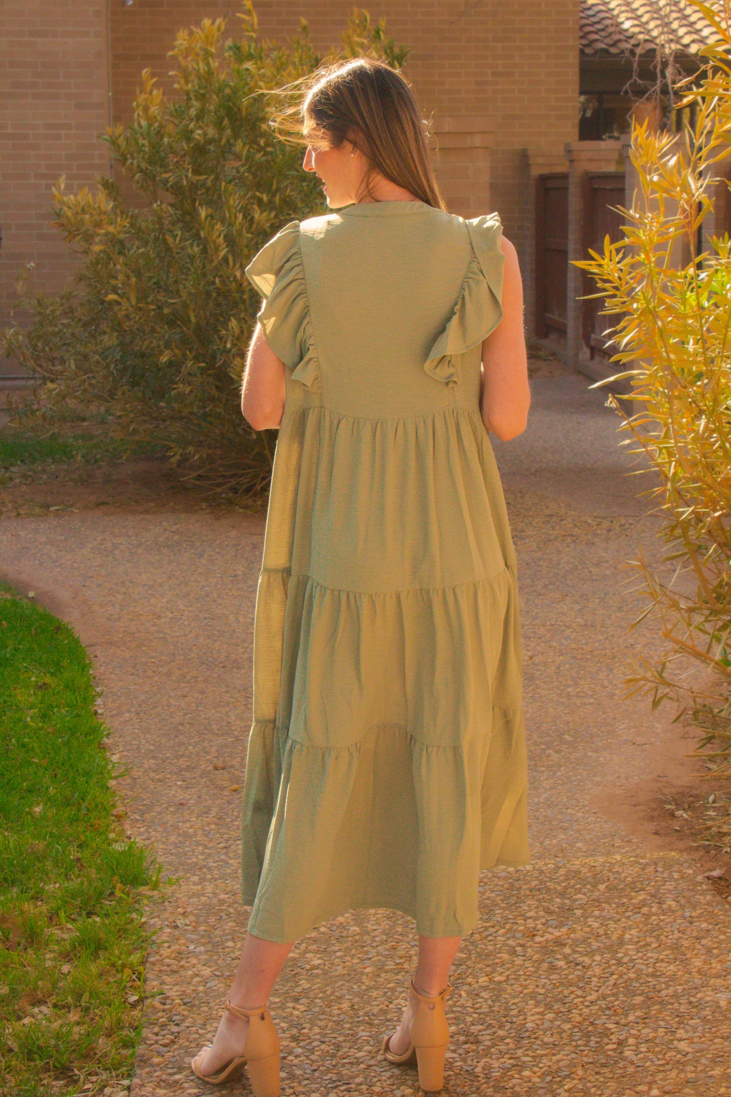 Ruffle Sleeve Pintuck Tiered Midi Dress