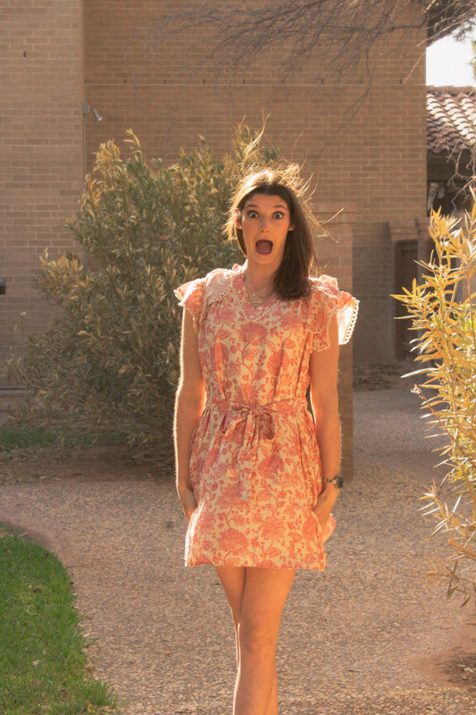 Floral Ruffle Sleeve Tie-Waist Dress