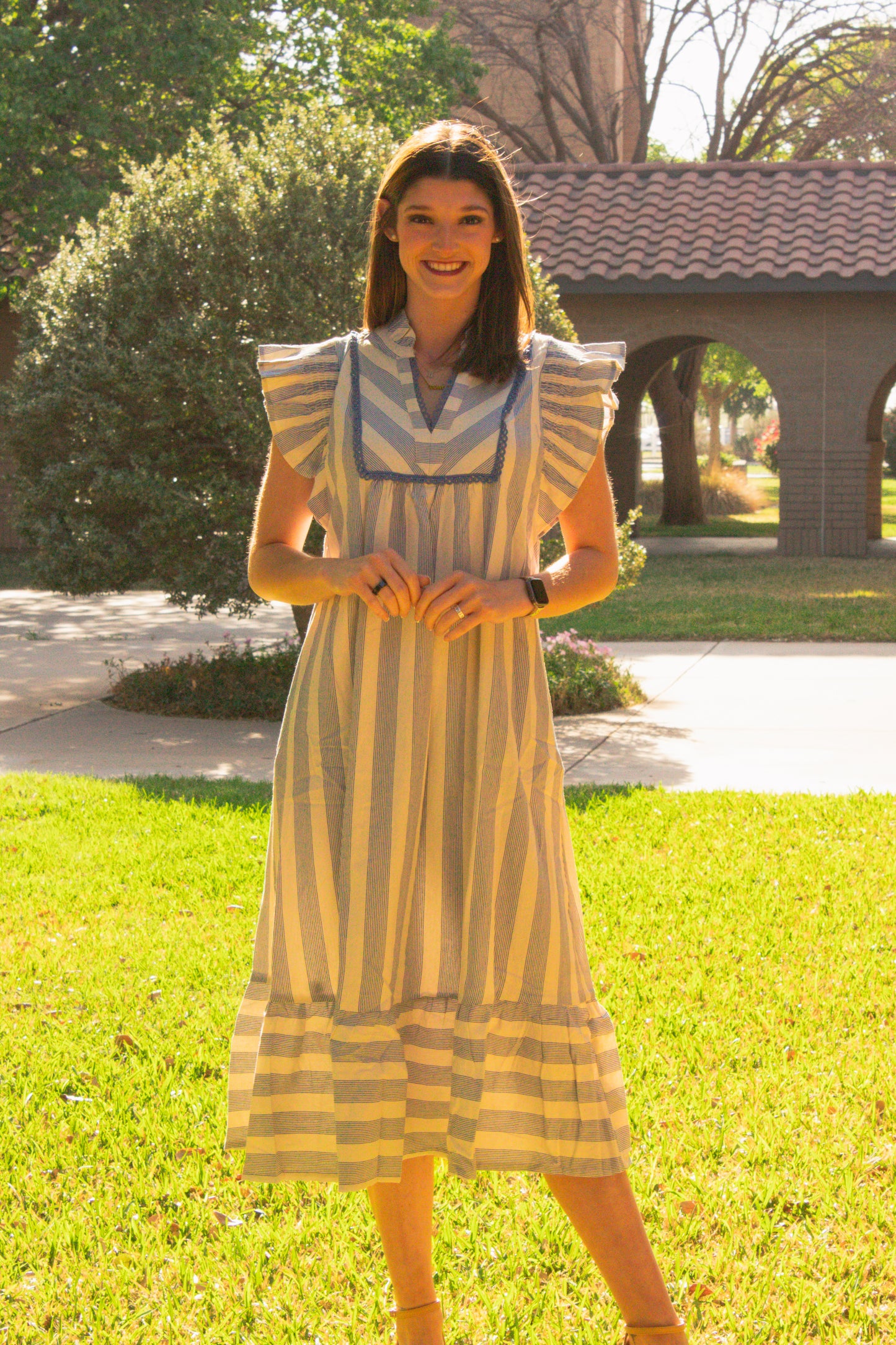 Stripe Ruffle Sleeve Tiered Midi Dress