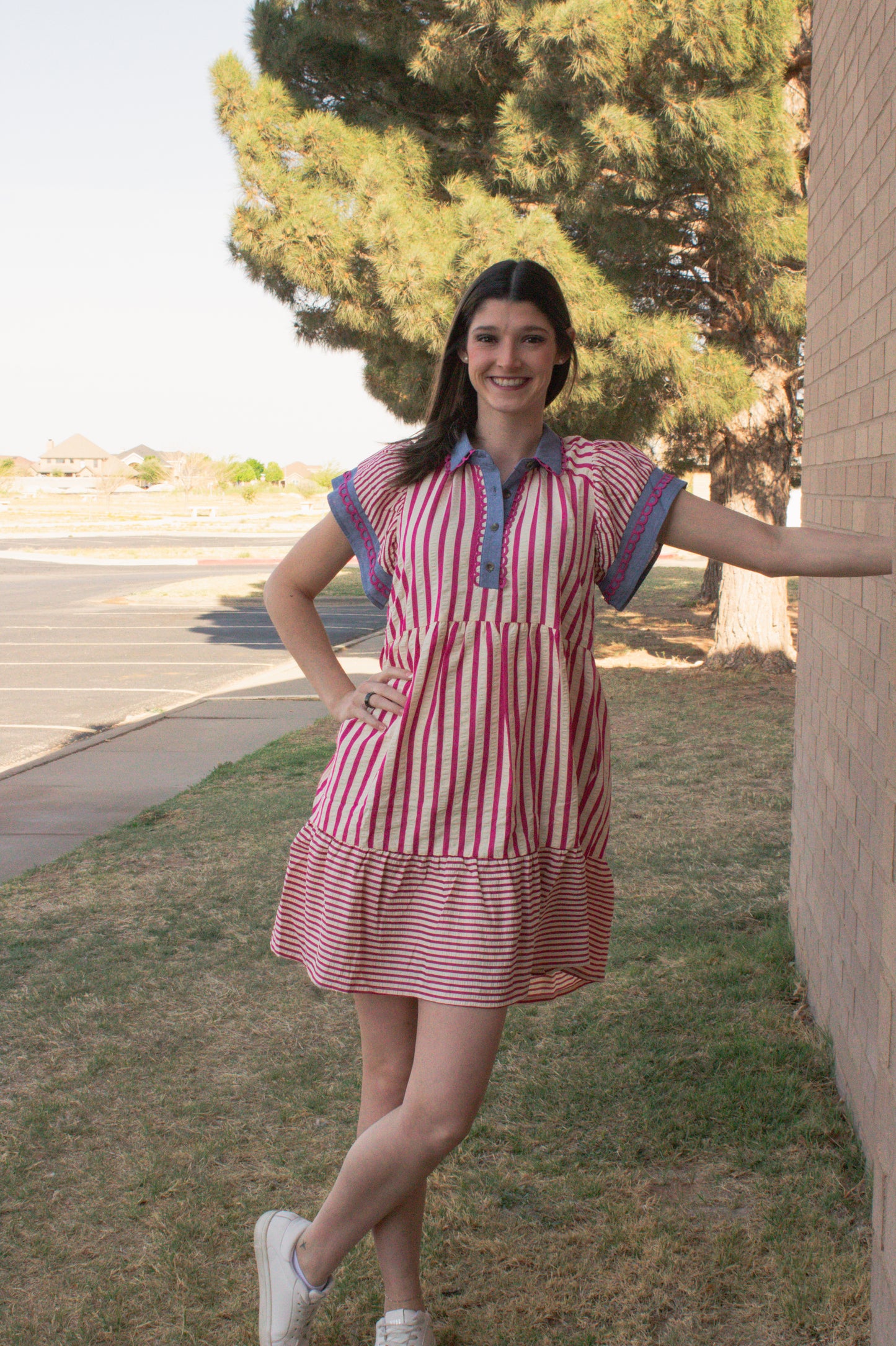 Mixed Stripe Flutter Sleeve Tiered Babydoll Top