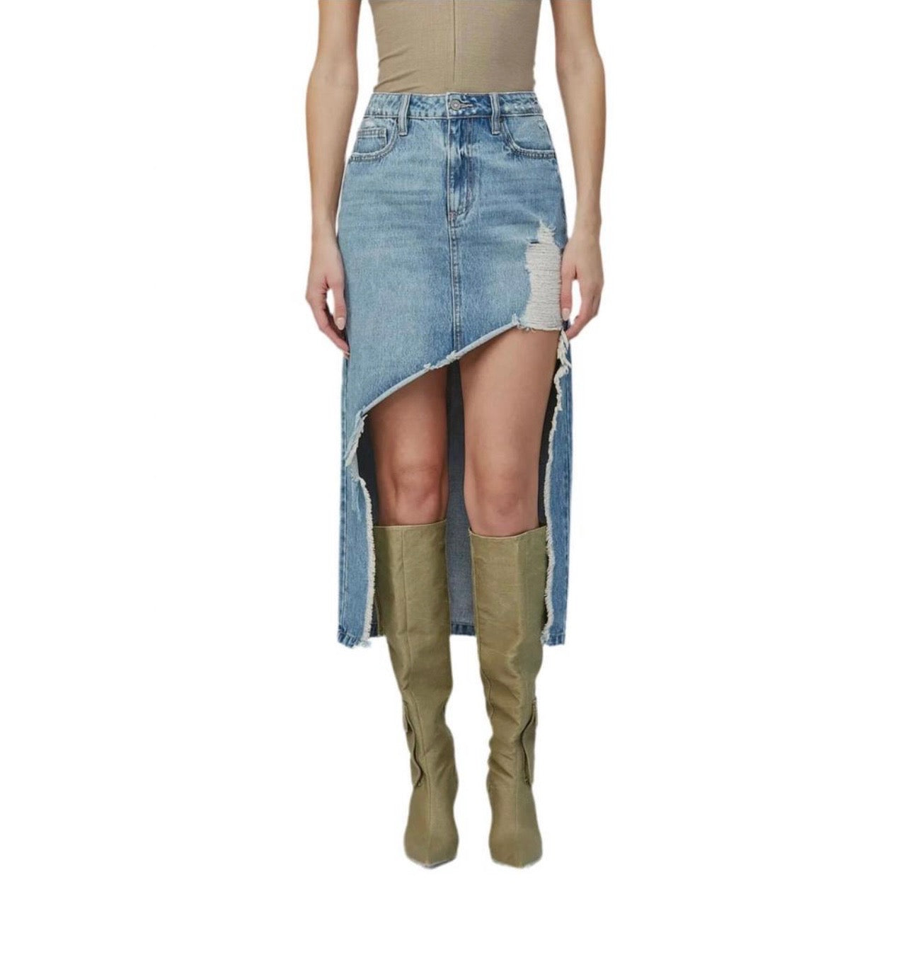 Tattered High Low Denim Skirt