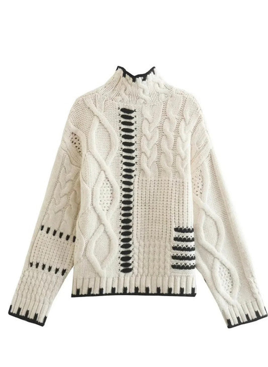 Hand Stitched Sweater Top in Cream Black