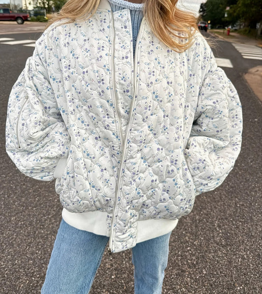 Blue Floral Oversized Quilted Jacket