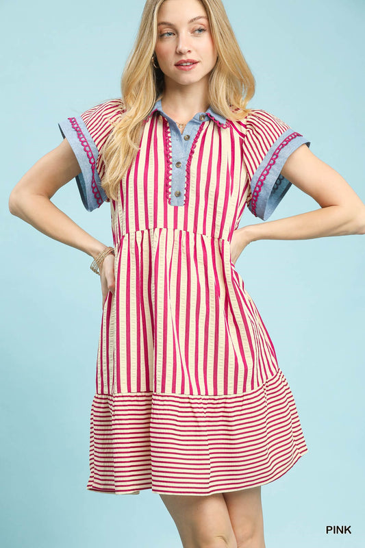 Mixed Stripe Flutter Sleeve Tiered Babydoll Top