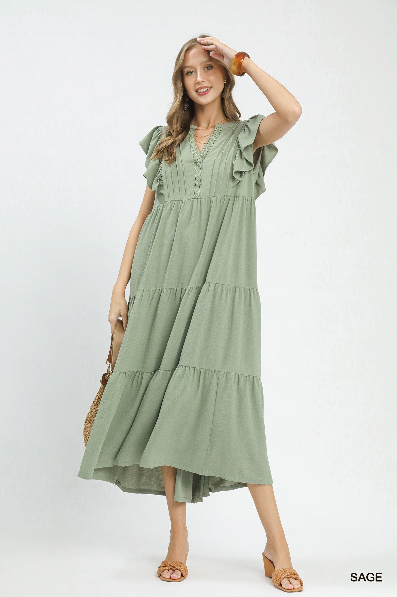 Ruffle Sleeve Pintuck Tiered Midi Dress