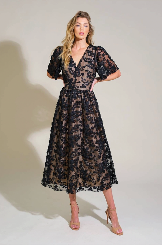Black Lace Floral Midi Dress