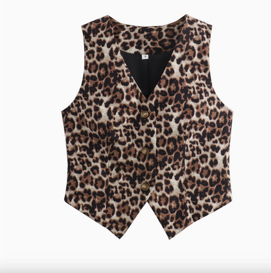 Stylish V Neck Buttoned Leopard Vest