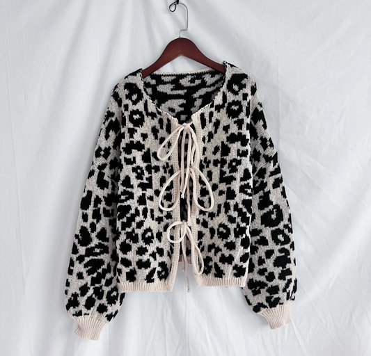 Retro Trendy Cheetah Leopard Print Lace-Up Cardigan