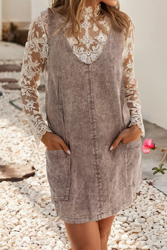 Vintage Washed Denim V Neck Suspender Mini Dress