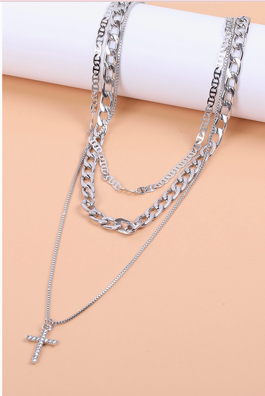 Plated Cross Pendant Multi Layer Stacked Chains Necklace