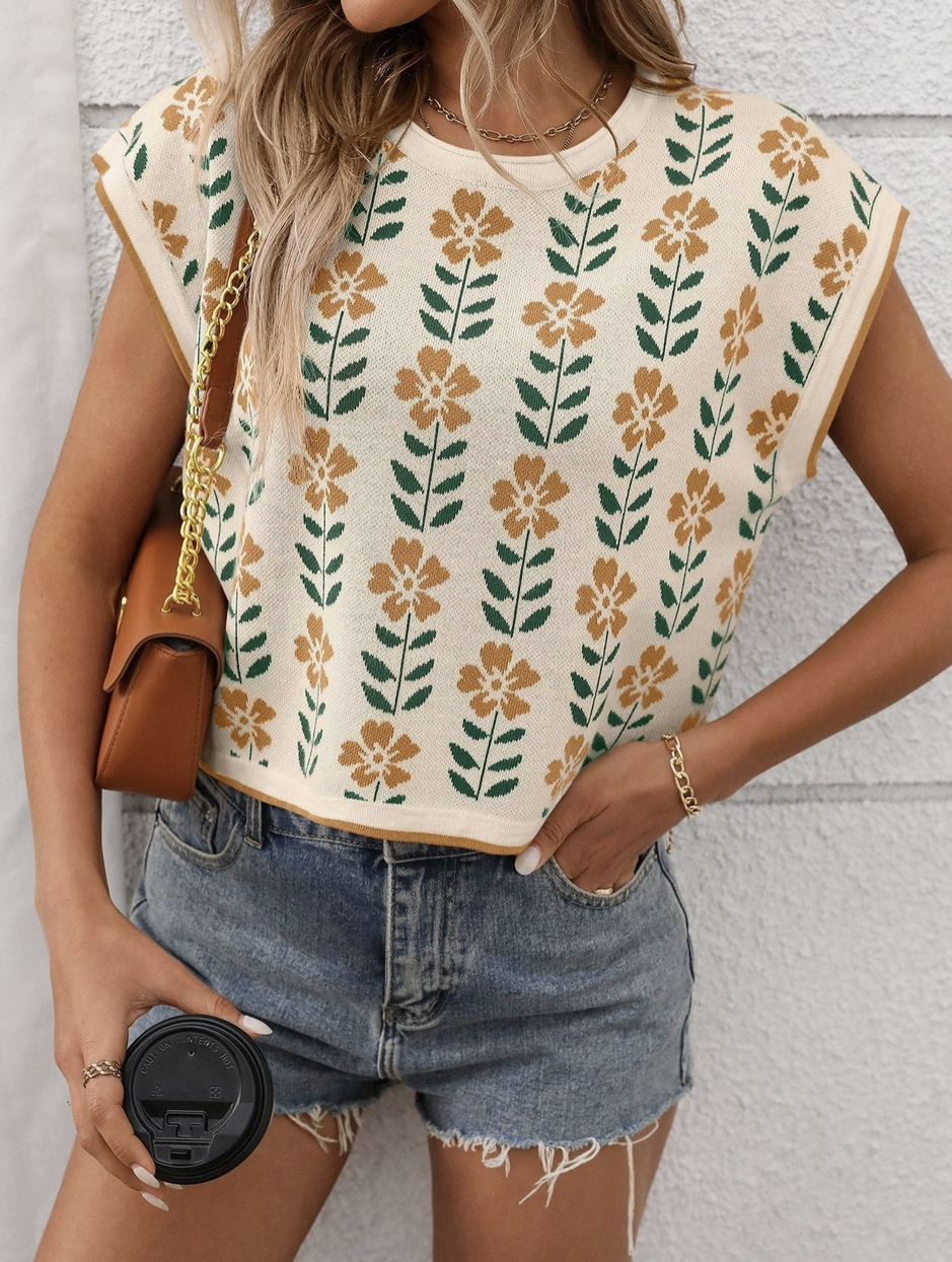 Retro Floral Knit Crop Top Short Sleeve Vintage Pullover Tee