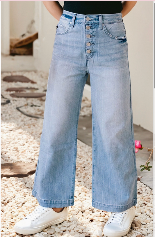 Multi Buttons Pinstripe Wide Leg Jeans