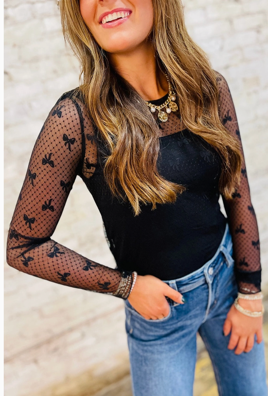 Black Bow Pattern Accent Mesh Long Sleeve Top