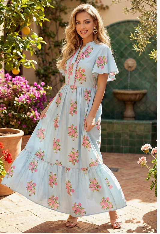 V Neck Flutter Short Sleeve Floral Maxi Dress