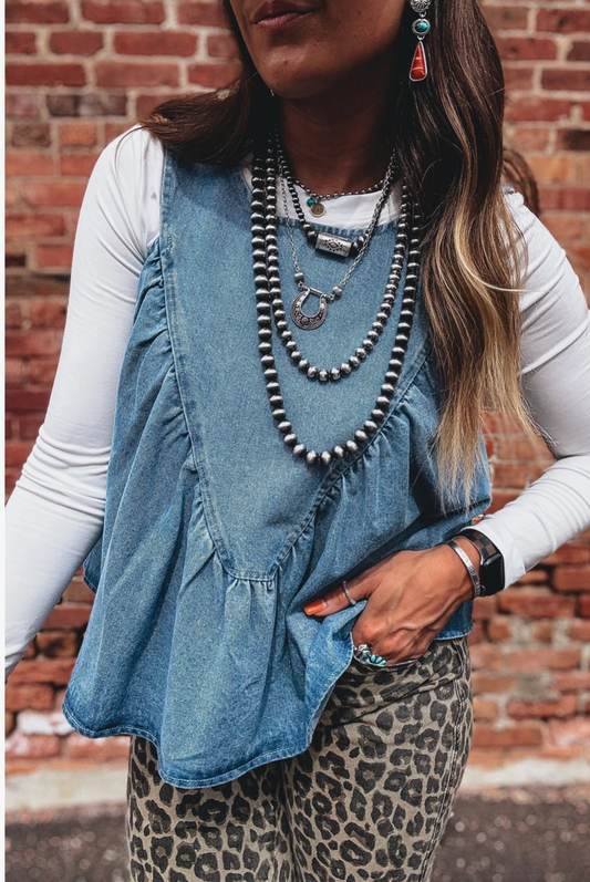 Western Denim Pleated Patchwork Sleeveless Top