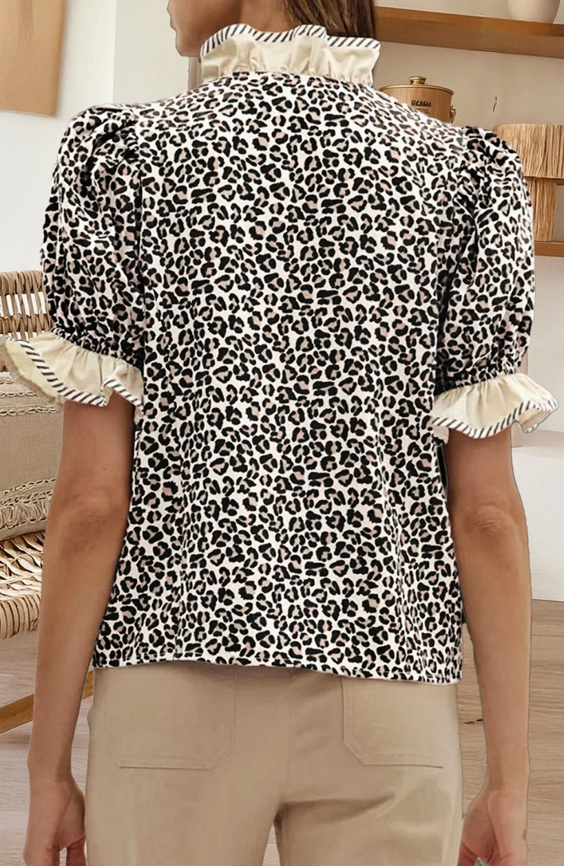 Leopard Print Ruffled Trim V Neck Blouse